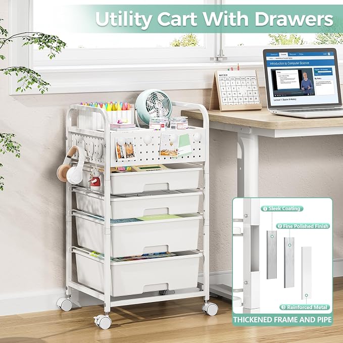 4 Drawer Rolling Storage Cart with Pegboard Top and Hooks, Mobile Organizer Cart with Wheels for Office Supplies, Craft Storage, Classroom Organization, Home Utility Cart, White