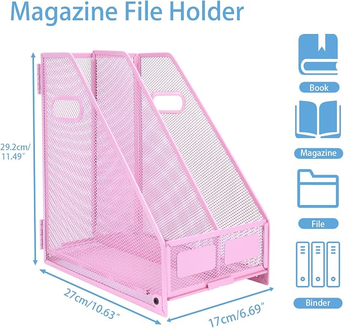 Desk Organizers Metal Magazine File Holder Racks Desktop Folder Storage Binder Organiser Document Organization for Home Office & Classroom,2 Vertical Compartments-Pink