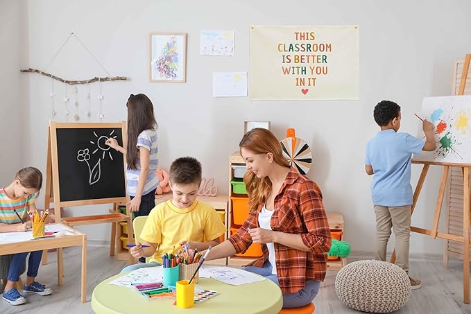 Classroom Wall Flag Decor-Teacher Gift-Inspirational Back to School Wall Banner Decor-This Classroom is Better with You in It -Hanging Rectangular Canvas Banner for Teacher Office Reading Corner