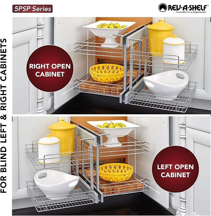 Rev-A-Shelf Chrome Two-Tier Wire Bottom Pullout Organizer with Soft-Close for Blind Corner Base Kitchen Cabinets, Adjustable 4-Basket Storage System, Min Opening Width of 18", 5PSP-18SC-CR