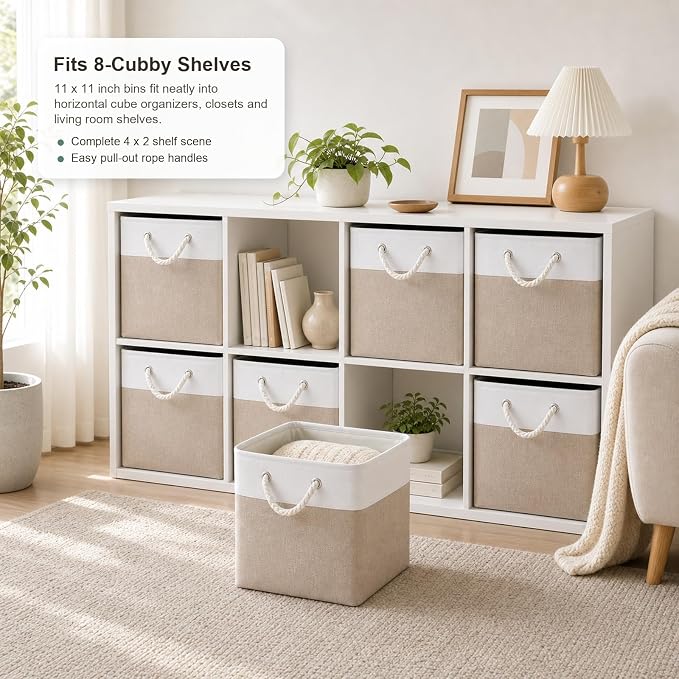 11x11 Inch Cube Storage Bins, 6 Pack Collapsible Fabric Storage Cubes with Rope Handles, Waterproof Foldable Storage Baskets for Cube Shelves, Closet, Clothes, Toys, Books, White & Beige