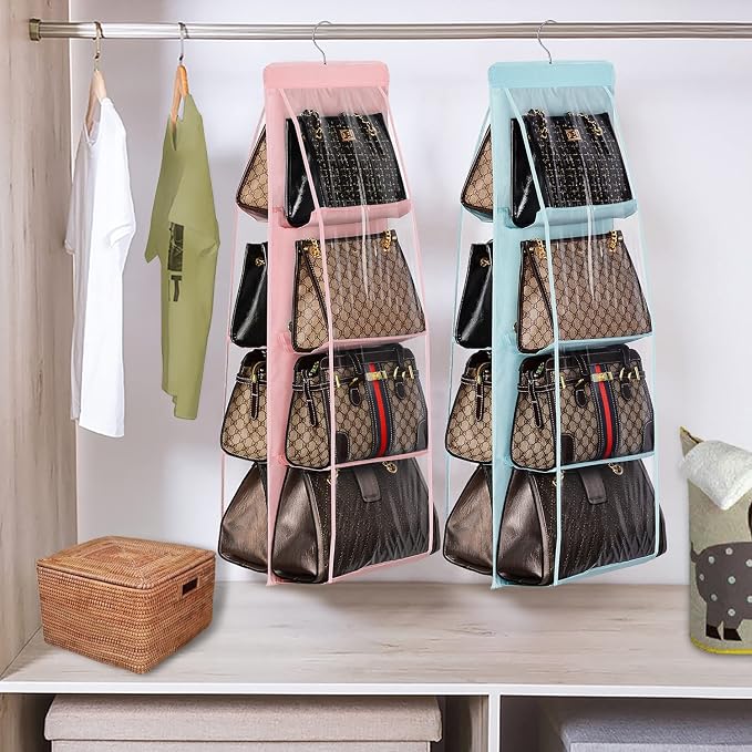 Lirex Handbag Hanging Purse Organizer for Closet, 8 Pocket Handbag Storage Organizer Hanger Oxford Cloth Closet Organizer for Family Closet Bedroom, Foldable and Universal Fit, Light Pink