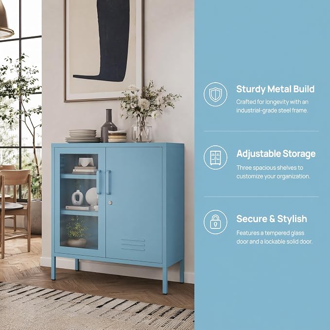 Lockable Metal Storage Cabinet Locker Adjustable Shelves, Multifunctional Versatile Storage Lockers, Easy Assembly Durable Metal Sideboard Furniture for Bedroom Home Office Blue