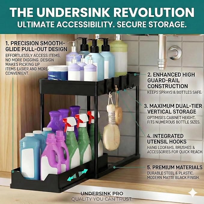 2-Tier Multi-Purpose Pull-Out Home Organizer – Under-Sink & Cabinet Sliding Storage for Kitchen & Bathroom – Durable, Space-Saving Design – Black (1-Pack)
