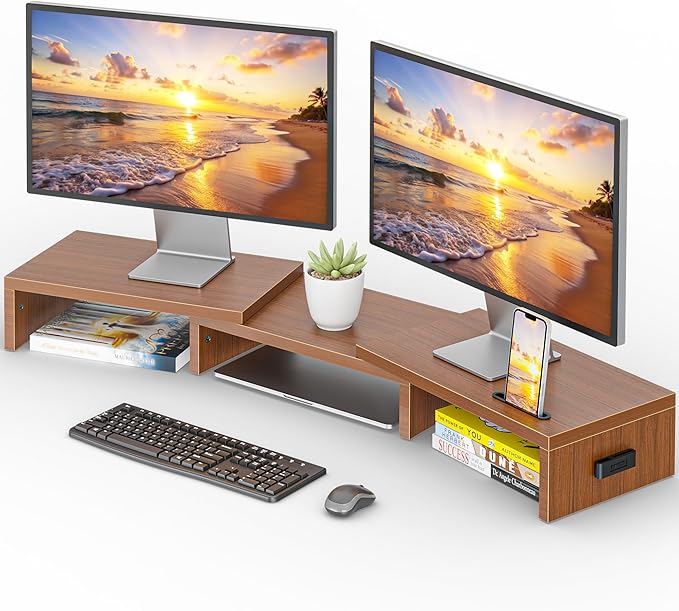 BONTEC Dual Monitor Stand Riser with Smartphone Holder, Adjustable Length & Swivel Angle, Ergonomic Wooden Desktop Organizer for PC Monitor, Laptop, Printer, Large Storage, 42.5 in, Walnut