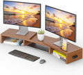 BONTEC Dual Monitor Stand Riser with Smartphone Holder, Adjustable Length & Swivel Angle, Ergonomic Wooden Desktop Organizer for PC Monitor, Laptop, Printer, Large Storage, 42.5 in, Walnut