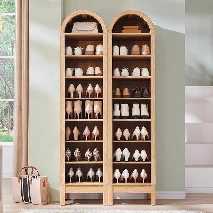 IFGET 71" Tall Arched Shoe Storage Cabinet, 8 Tiers 16 Pairs Wooden Shoe Rack with 3 Adjustable Shelves, Freestanding Shoe Closet Shelf Organizer for Entryway, Hallway, Living Room (Natural)