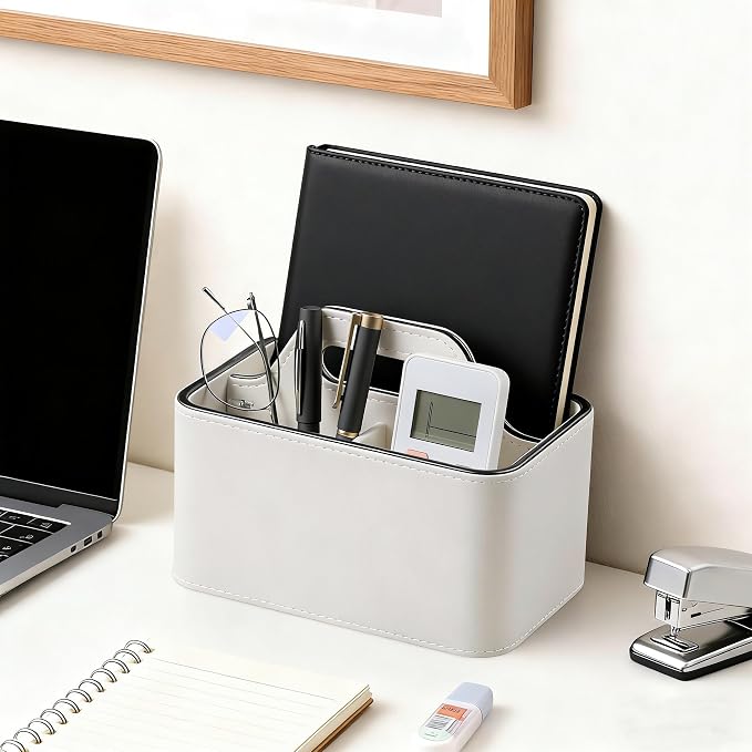 PU Leather Remote Control Holder, Desk Caddy Organizer with Handle Beige | 3 Compartments Portable Remote Organizer, Remote Caddy Bedside Holder for Office Storage Supply Organizer