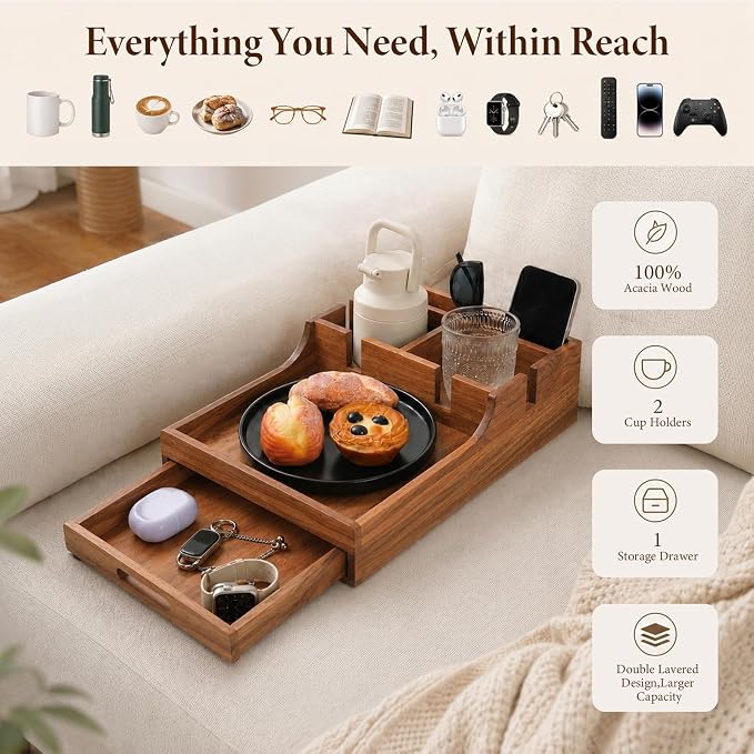 2-in-1 Couch Tray with Cup Holders and Drawer Storage | Acacia Wood Sofa Arm Tray Table, Sofa Organizer for Remote Controls, Snacks, Drinks, Living Room Furniture Accessories