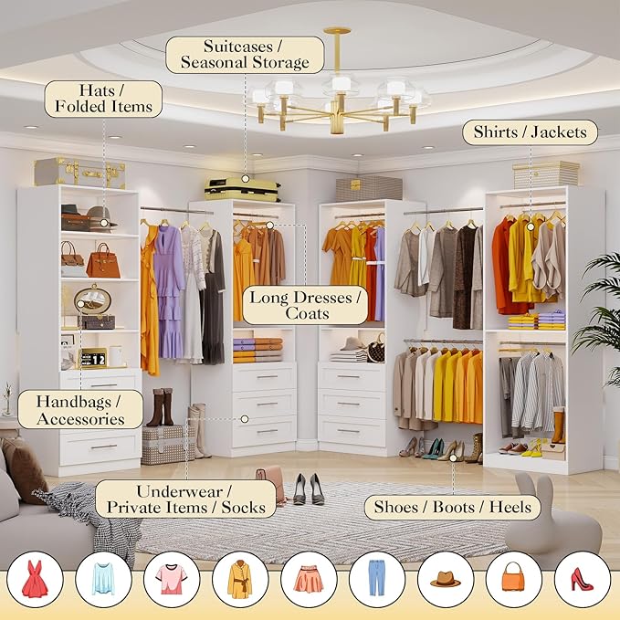 Closet System with 4 Sets, 8-21FT Closet Organizer System with 9 Drawers & 6 Shelves & 8Hanging Rods, Custom L-Shaped Walk in Closet Organizers and Storage System, Modular Closet Shelving System,White