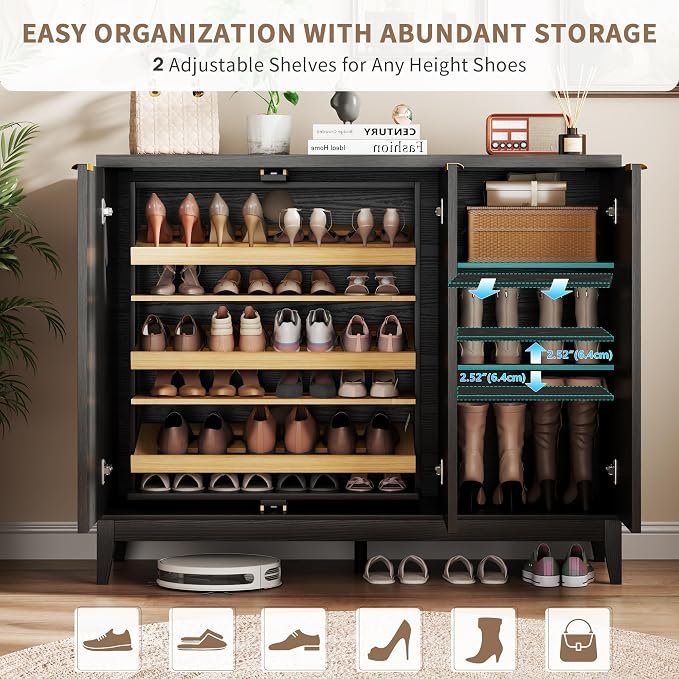 Vlsrka Shoe Storage Cabinet with Fluted Doors and Adjustable Shelves | 6 Tier Wooden Shoe Organizer, Large Capacity, Human Sensor Lighting, 180° Rotating, for Entryway, Hallway, Living Room, Black