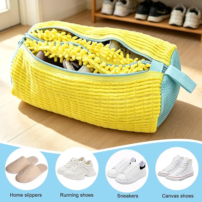 Dual Independent Compartments Shoe Washing Bag for Washer Dryer, Chenille Reusable Laundry Shoe Cleaner Bag for Sneakers Tennis Shoes, Yellow