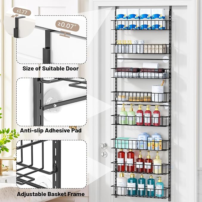 ElegantArray 8-Tier Pantry Door Organizer, Over The Door Pantry Organizer Rack and Storage, Hanging Spice Rack Shelves Door, Home Office Laundry Room Bathroom & Kitchen Organization Essentials Metal
