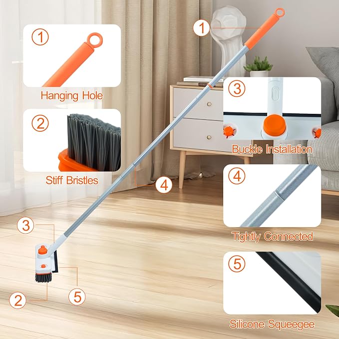 Floor Scrub Brush with Long Handle, 3 in 1 Extendable Stiff Bristle Scrape Brush, 60-In Shower Scrubber Brush with Squeegee and 2 Replacement Heads for Cleaning Bathroom Kitchen Deck Tub Tile