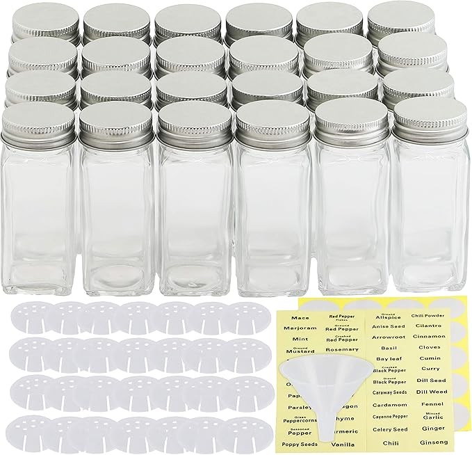 Simple Houseware Spice Jars 4-oz Square Glass Bottles, 24 Pack | 4 Ounce, with Shaker Lids, Funnel and Labels for Seasoning & Storage