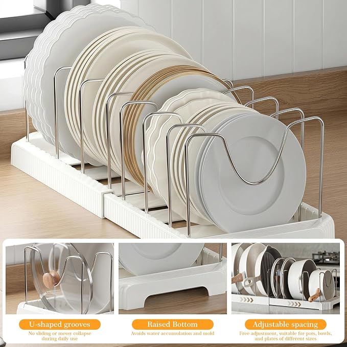 1 Pack Expandable Pots and Pans Organizer Under Cabinet, 13-22" Kitchen Cabinet Organizer with 10 Adjustable Dividers and 10Pcs Pot Protectors for Lids, Baking Sheets & Cookware (1, White)