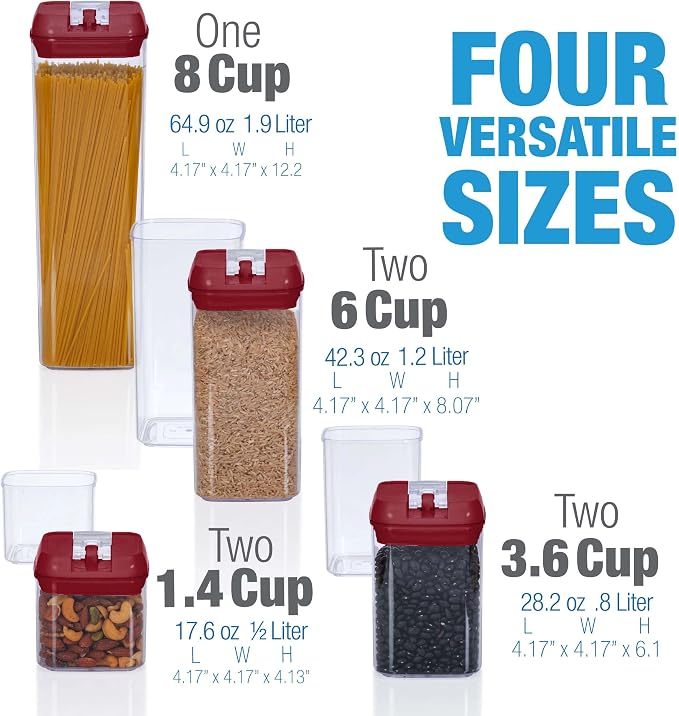 Set of 7 Airtight Food Storage Containers - Pantry Organizer Bins, BPA Free Plastic Containers plus Dry Erase Marker and Labels, Red