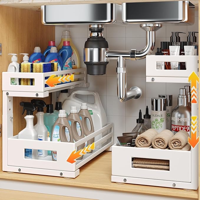 2-Pack Under Sink Organizers and Storage,2-Tier L Shape Pull Out Cabinet Organizer With Round Tube Slide Rails,Hight Adjustable Slide Out Drawers for Kitchen&Bathroom,Multi-Purpose Storage Shelf-White