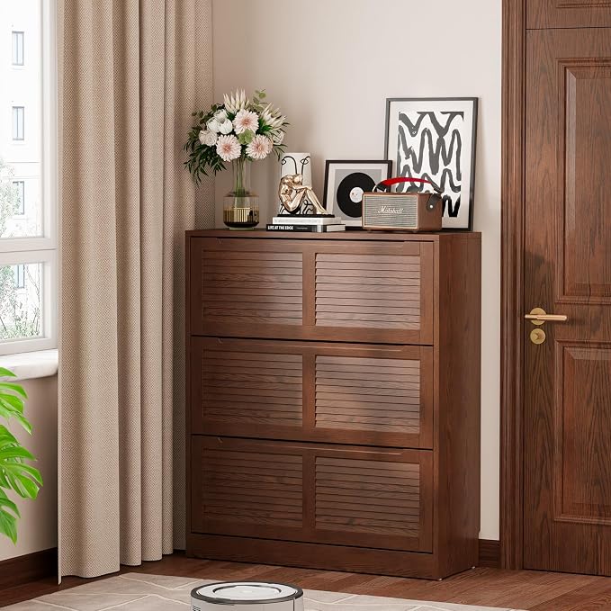 WoodsWhisper Solid Wood Shoe Cabinet for Entryway with 3 Flip Drawers, Narrow Shoe Organizer with Breathable Slatted Doors, Freestanding Hidden Shoe Rack for Hallway (Walnut, 39" W)
