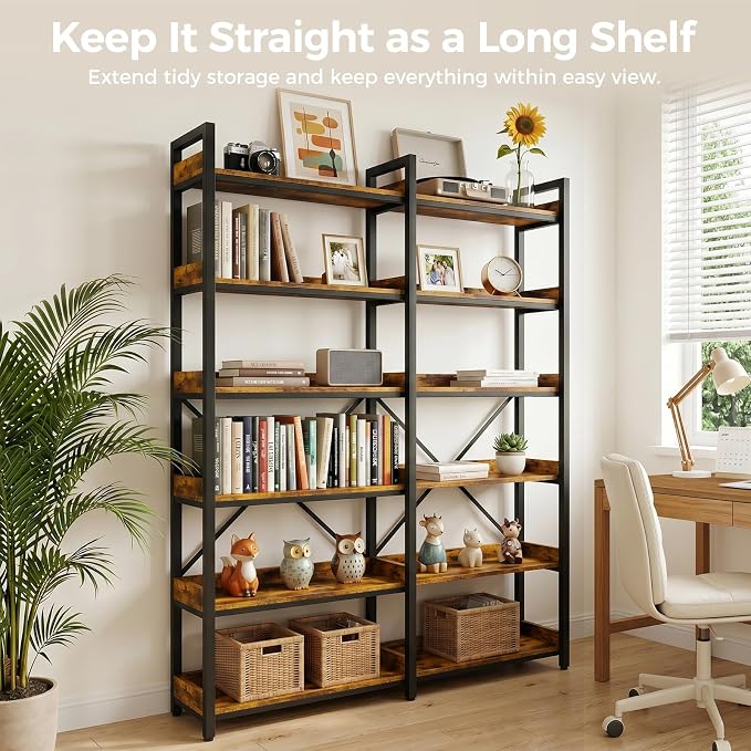 GTPLAYER 6-Tier Corner Bookshelf, L-Shaped Metal Frame Shelf with Tall 14" Shelves, Plant Stand and Storage Rack for Small Spaces, Living Room and Home Office, Vintage Brown