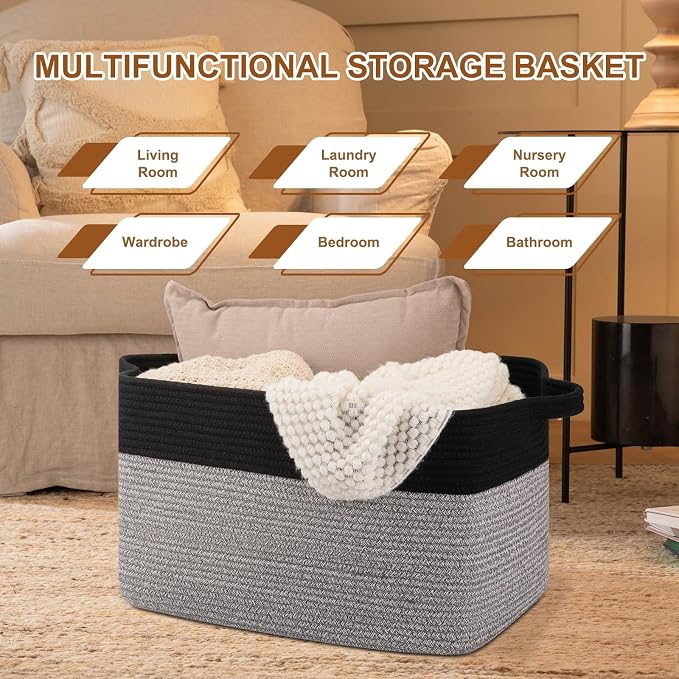 OIASKET Blanket Basket for Living Room, Woven Cotton Rope Basket for Storage Clothes, Towels, Pillows, Toy Storage Bin for kids with Handles, 20" x 16" x 12", Black and Grey