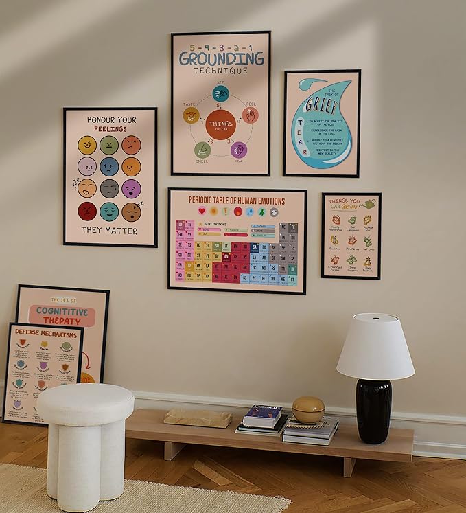 LOLUIS Mental Health Poster, Boho Therapy Tools Educational Supplies Art Print Classroom School Office Decor (Grounding Technique, Custom Frame Type)