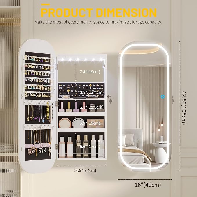 LVSOMT LED Mirror Jewelry Cabinet, Over the Door Jewelry Armoire Organizer | 42" Full Length Mirror with Storage, Built-in Makeup Mirror, Lockable Wall Mounted Jewelry Mirror for Women, Girls, White