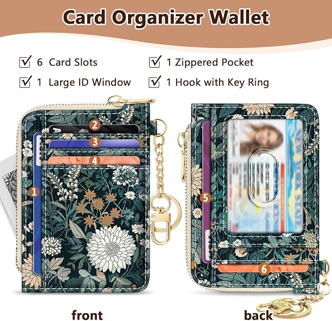 GIANCOMICS Slim Wallet Credit Card Holder Women, Vintage Weeds Floral Rfid Small Card Case, Keychain Thin Pocket Curved Zipper Wallet, Travel Card Holder PU Leather ID Window, Ladies Female Gifts