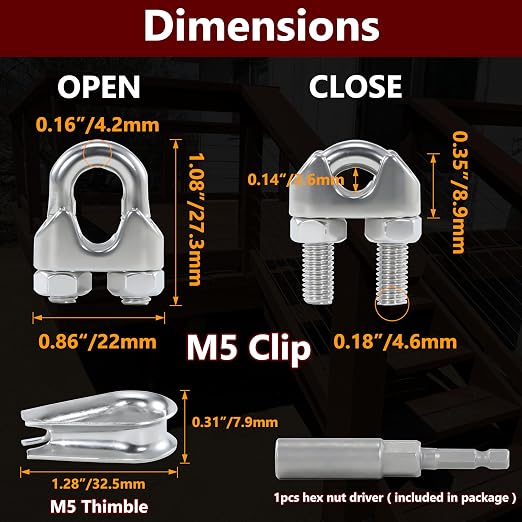 12PCS 3/16 to 1/4 Inches M5 Stainless Steel Wire Rope Clips Cable Clamp,6PCS Thimbles