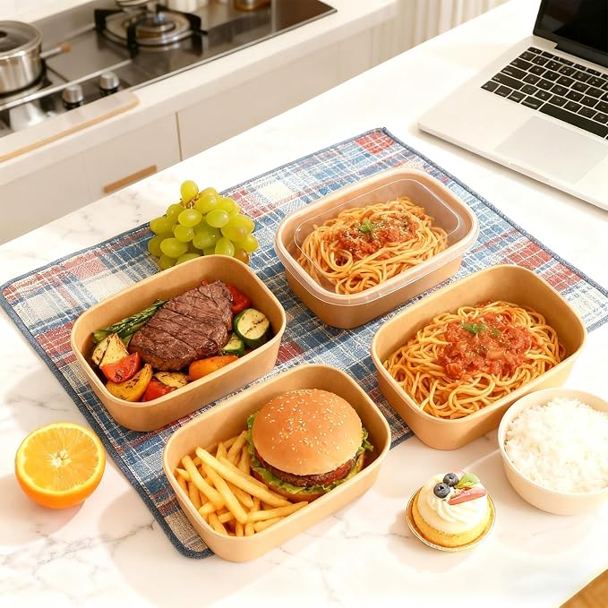 50 Pack Disposable Meal Prep Containers, 25oz Disposable Large Paper Bowls with Lids and Forks for Salad, Noodles, Freezer and Microwavable Storage Use Cardboard Food Containers