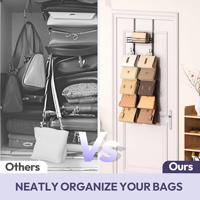 SWTYMIKI Over the Door Purse Organizer - Wall Mounted Handbag Organizer with 10 Hooks and Metal Basket, Hanging Purse Storage Rack Holds up to 10 Bags, Bag Rack Can Use As 1/2 Part, for Door, Closet