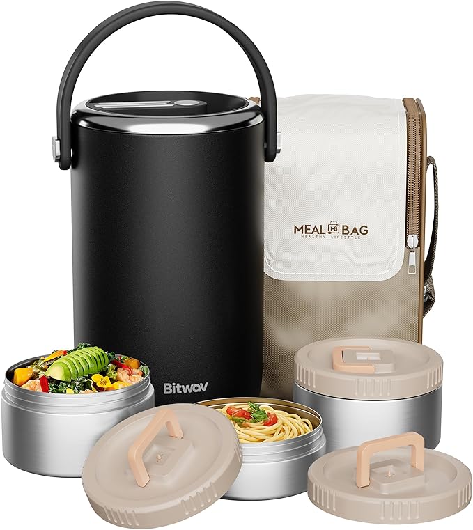 86oz Stainless Steel Vacuum Insulated Food Jar for Hot & Cold Food, Portable 3 Tier Stackable Bento Lunch Box, Wide Mouth Soup Thermos for Adults with Insulated Bag (Black, 86 Ounces)