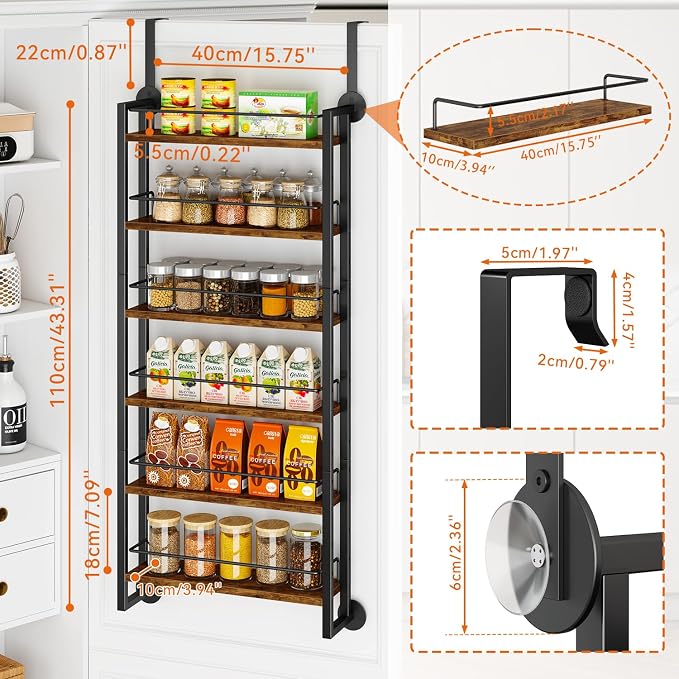 IBUYKE Over the Door Spice Organizer,Door or Wall Mount,Brown TLJ028H | 6 Tier Wall Mounted Spice Rack Adjustable Hanging Storage Shelves Spice Organization for Kitchen cabinet Bathroom Closet