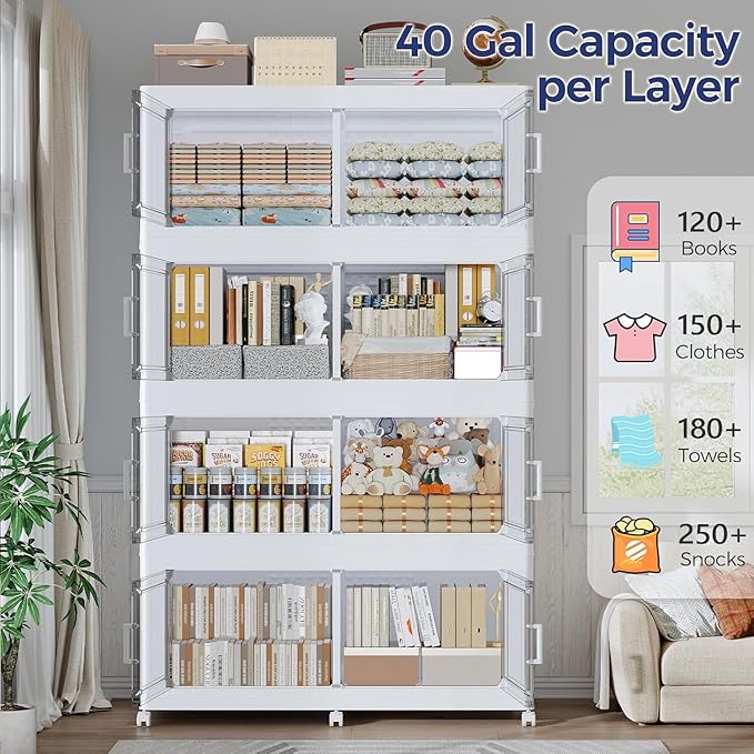 120Gal Stackable Storage Bins with Lid, 480Qt Extra Large Collapsible Storage Box with Wheels, Dividers, Folding Plastic Cabinet Closet Organizers for Home Kitchen Office Dorm, 3Pack White