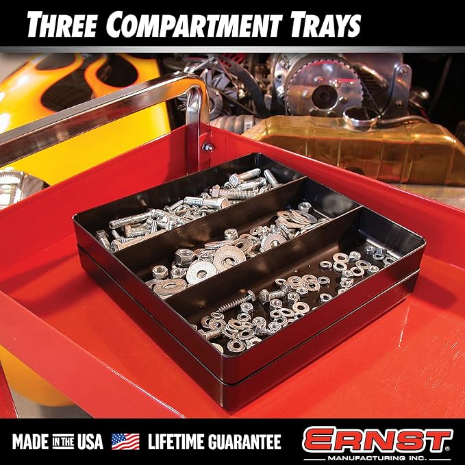 Ernst Manufacturing Toolbox Tray: Stackable Organizer Tray with 3 Compartments - Ideal for Trades, Mechanics, Electricians, Plumbers, Household Use, Hobbies - Heavy Duty - Made in the USA