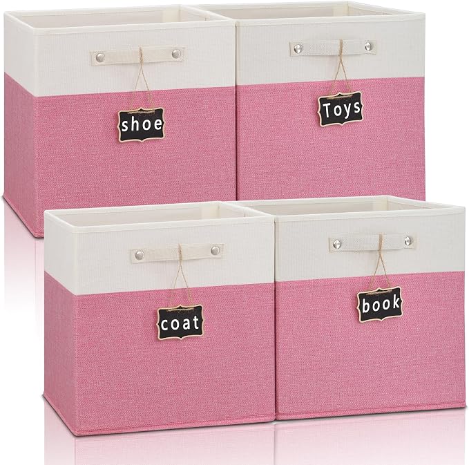 Storage Cubes,13 x 15 x 13 storage cubes,Foldable Fabric Storage Cubes with Labels 4 Pack,Linen Cube Storage Organizer Bins Kallax Storage Cubes for Organizing Shelves Cabinet(White pink).