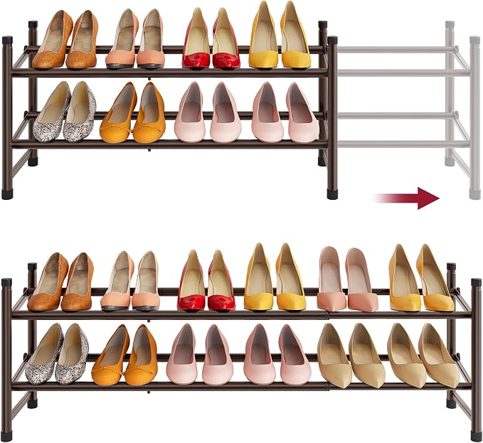 Tajsoon Expandable Shoe Rack for Closet 2 Tier, 28“-41“Stackable, Bronze | Adjustable Shoe Organizer Closet Shoe Rack Floor, Metal Small Shoe Shelf Storage for Entryway, Garage, Front Door Entrance