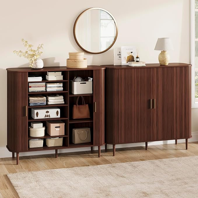 DHH Shoe Storage Cabinet with Sliding Door, 6-Tier Shoe Cabinet with Adjustable Shelves, Modern Freestanding Shoe Storage Organizer for Entryway, Hallway, Living Room (Walnut, 47 ")