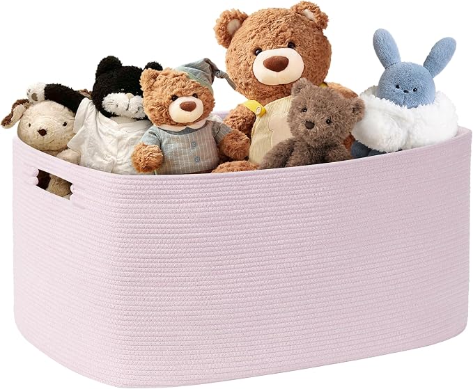 72L Large Woven Laundry Basket Hamper with Handles, Pink | 22"x17"x12", collapsible wicker hamper, storage for dirty clothes, toys, blankets, gifts, living room, bedroom, bathroom