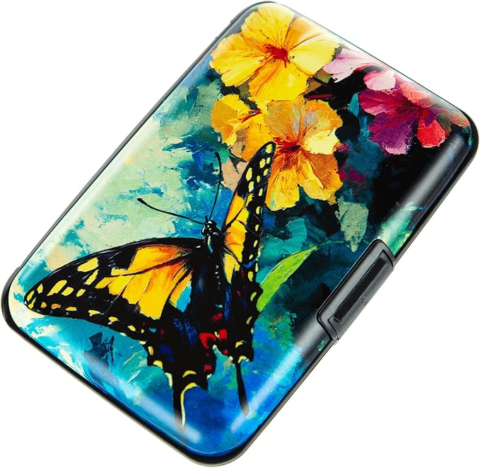 Credit Card Holder, Metal Card Wallet RFID Blocking Mini Slim Aluminum Business Hard Card Case for Women Men (Flowers Butterfly)