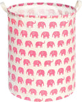 KUNRO Round Laundry Gift Basket Storage Hamper, Clothes Storage Organizer Bins, Shelf Basket with Handles for Room Decor (Pink Elephant)