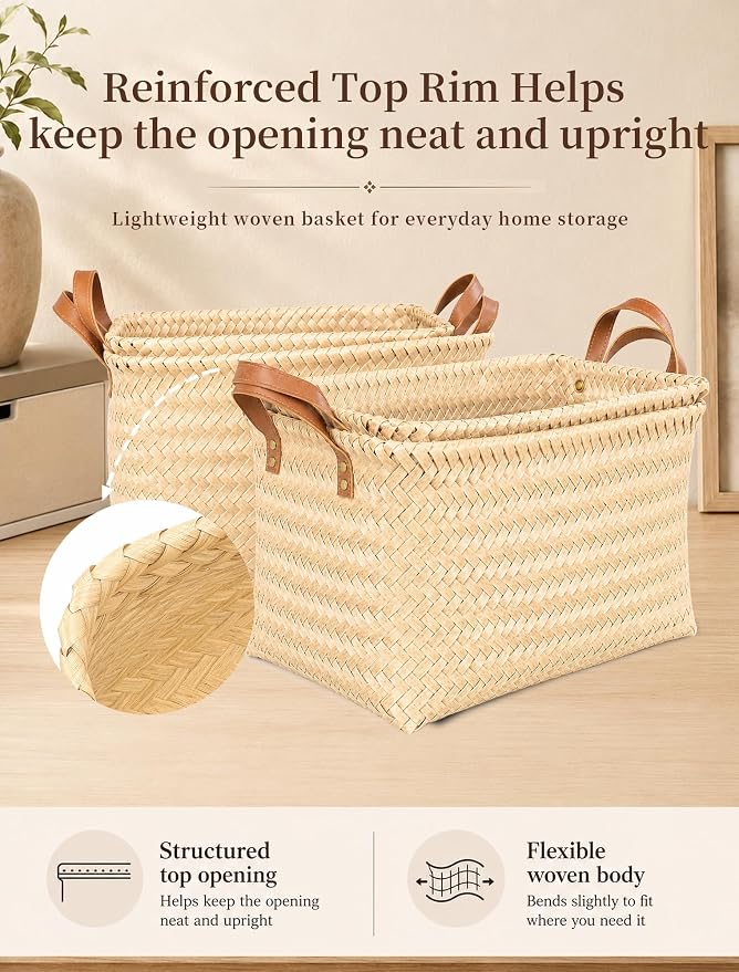Hand Woven Baskets for Storage, 4Pcs Water-Resistant Wicker Baskets, Yellow Wicker Storage Baskets for Shelves, Large Basket with Handle for Organizing, Clothes, Laundry, Blanket - Rectangular