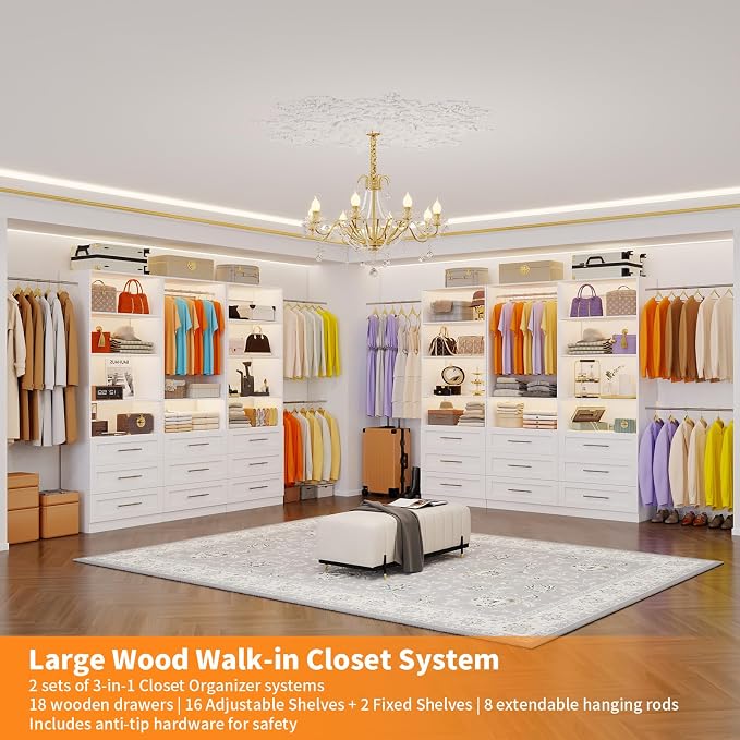 Closet System with 3 Sets, 6–15 FT Closet Organizer System with 9 Drawers, 9 Shelves & 4 Rods, Walk-In Modular Closet System, Custom Built-In Closet Kit, White