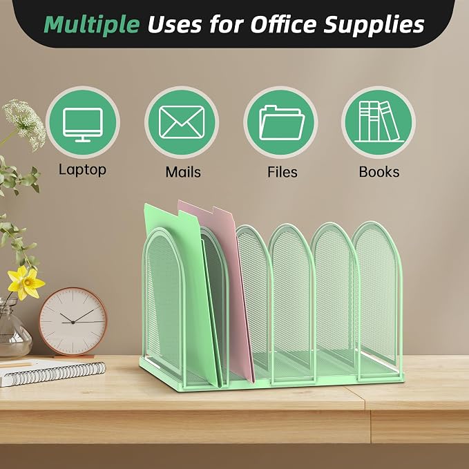 SUPEASY File Organizer for Desk, 5-Section Mesh Desk Organizer, Vertical File Holder Desktop Organizer File Sorter, File Folder Holder for Office Supplies, Mint Green