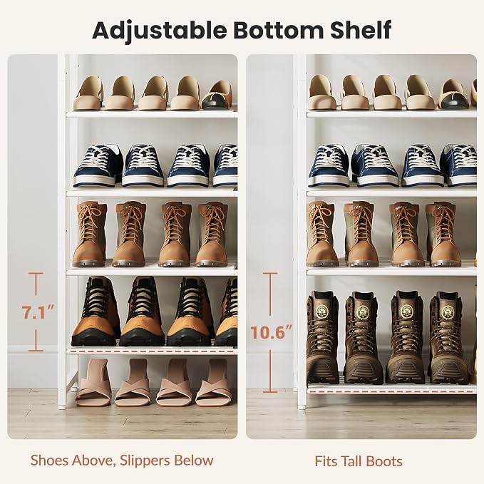 12 Tier Shoe Rack Organizer for 48-60 Pairs, Tall Metal Shoe Storage Shelf with Wood Top, Adjustable Boot Space, Narrow Design for Entryway Closet, White