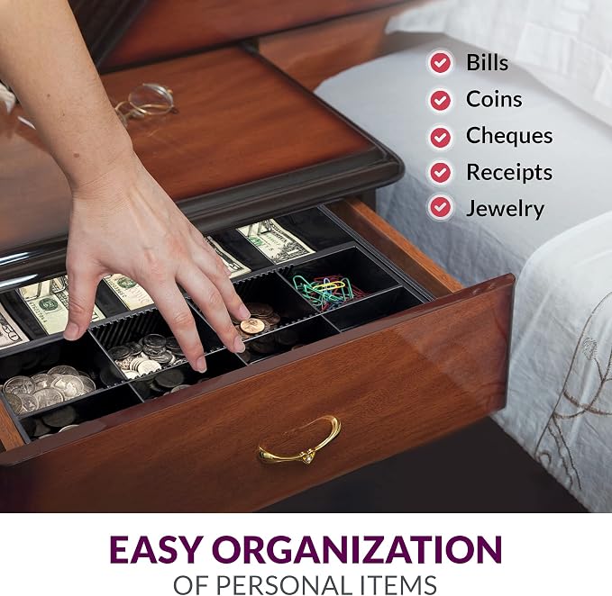 Volcora Cash Drawer Tray - 14.1 x 13 x 2.5 Inch Cash Register Insert - 5 Bill / 8 Coin Replacement Cash Tray - Stainless Steel Currency Compartment - 16" Cash Registers with Fully Removable Tray