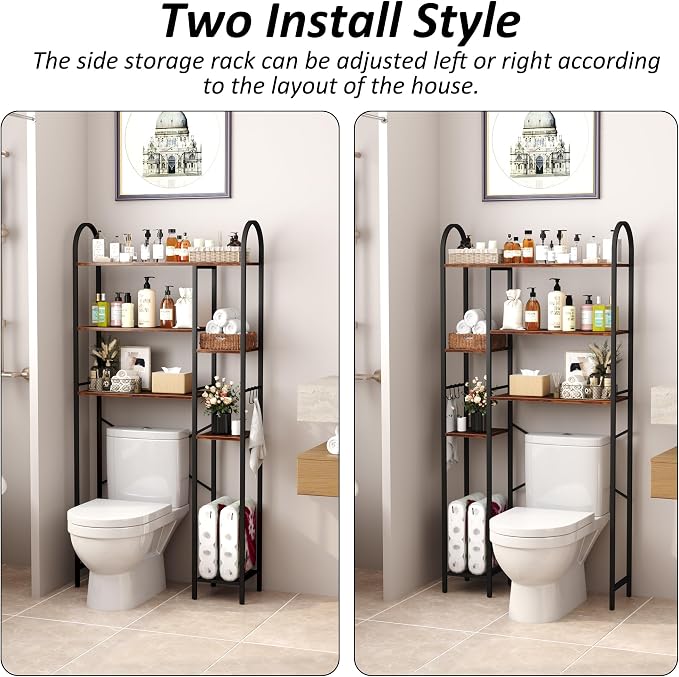 HOMEFORT Over The Toilet Storage with Side Rack, 6-Tier Over Toilet Storage Rack with Adjustable Shelf, Space Saver Bathroom Organizer for Laundry, Balcony, Kitchen,31.5"W x 9.4"D x 65"H,Rustic Brown