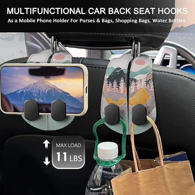 Blusabaca 2PCS Car Seat Headrest Hooks, Purses Bags Holder, Sunrise | PU Leather, Double Metal Back Storage Hangers for Grocery Bags Handbags Bottles Coats Phones, Car Accessories Organization