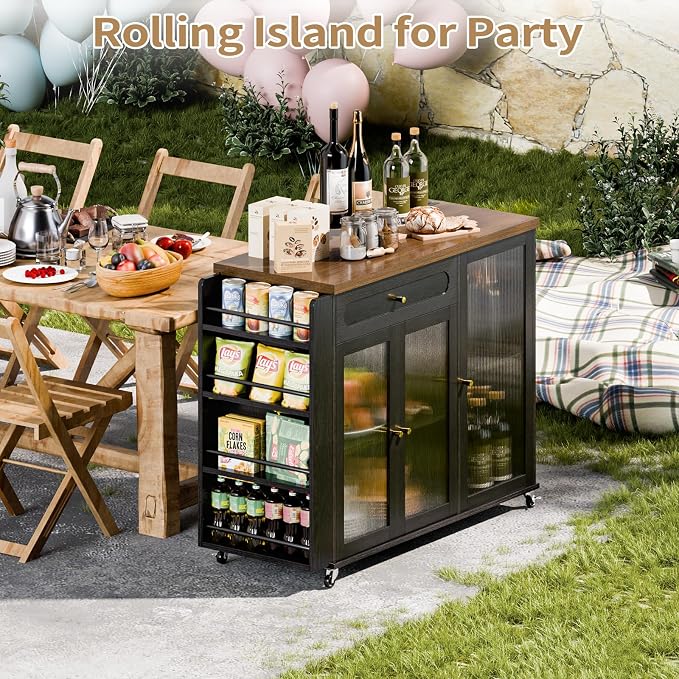 Kitchen Island with Power Outlet - Kitchen Cart on Wheels with Storage Cabinets & Drawers, Rolling Island Table with Spice & Towel Rack, Portable Islands with Large Wood Counter, Dinning Room
