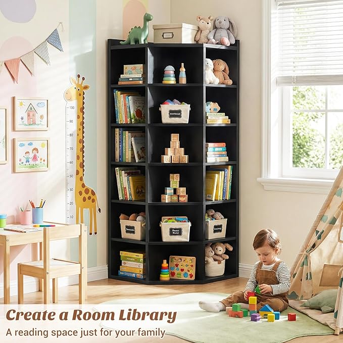 Aheaplus Corner Cube Book Shelf, 7-Tier Corner Storage Cabinet with Top Table, Corner Cube Storage Shelf for Small Space, Wooden L Shaped Cubby Bookcase for Home Office, Bedroom, Living Room, Black